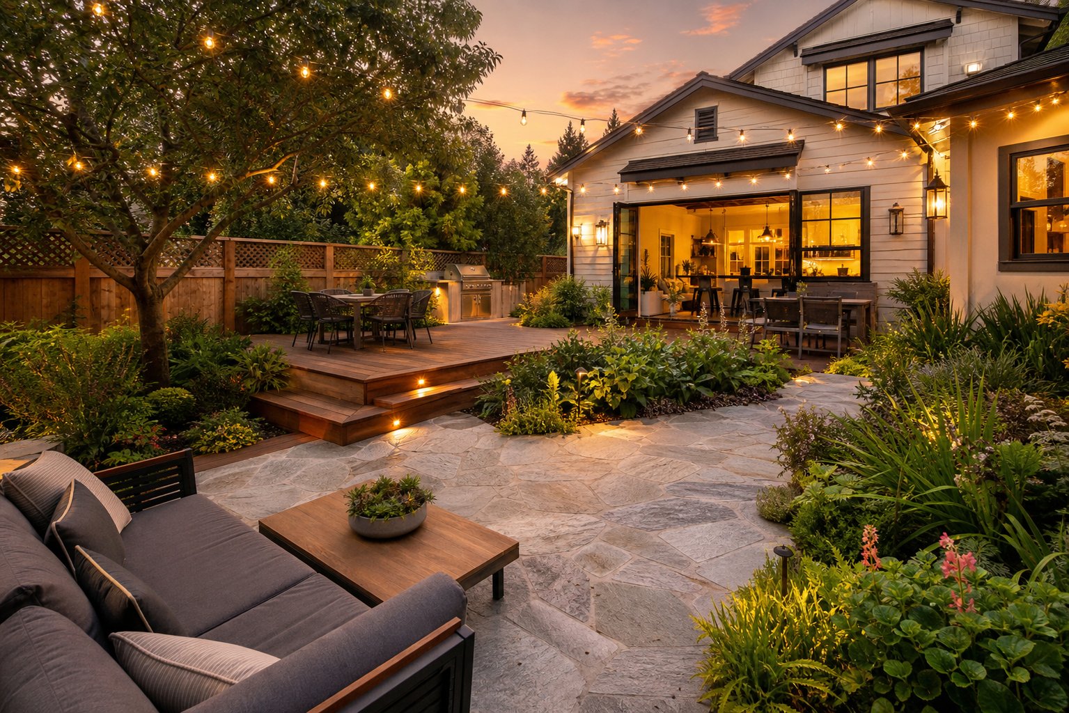 Renovated backyard garden and home exterior at golden hour